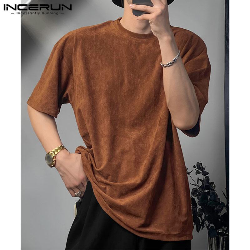 

INCERUN мужские однотонные рубашки с коротким рукавом, повседневные топы в стиле ретро с круглым вырезом