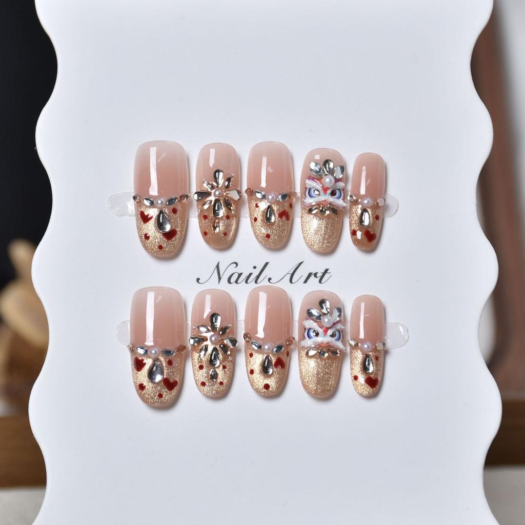 2026 New Year's Wear Nail Lion Nail Art Pure Handmade Cat's Eye Nail Art Handmade Fake Nail Patch Removable