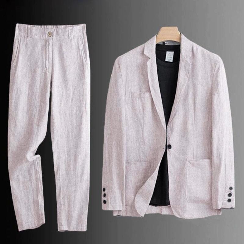 Men's Summer Korean Style Linen Suit Slim Fit Thin Cotton Linen Casual Loose Jacket Sun Protection Two-Piece Set