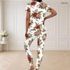 Women Plus Size V Neck Short Sleeve Rose Floral Print White Pajama Loungewear Set
