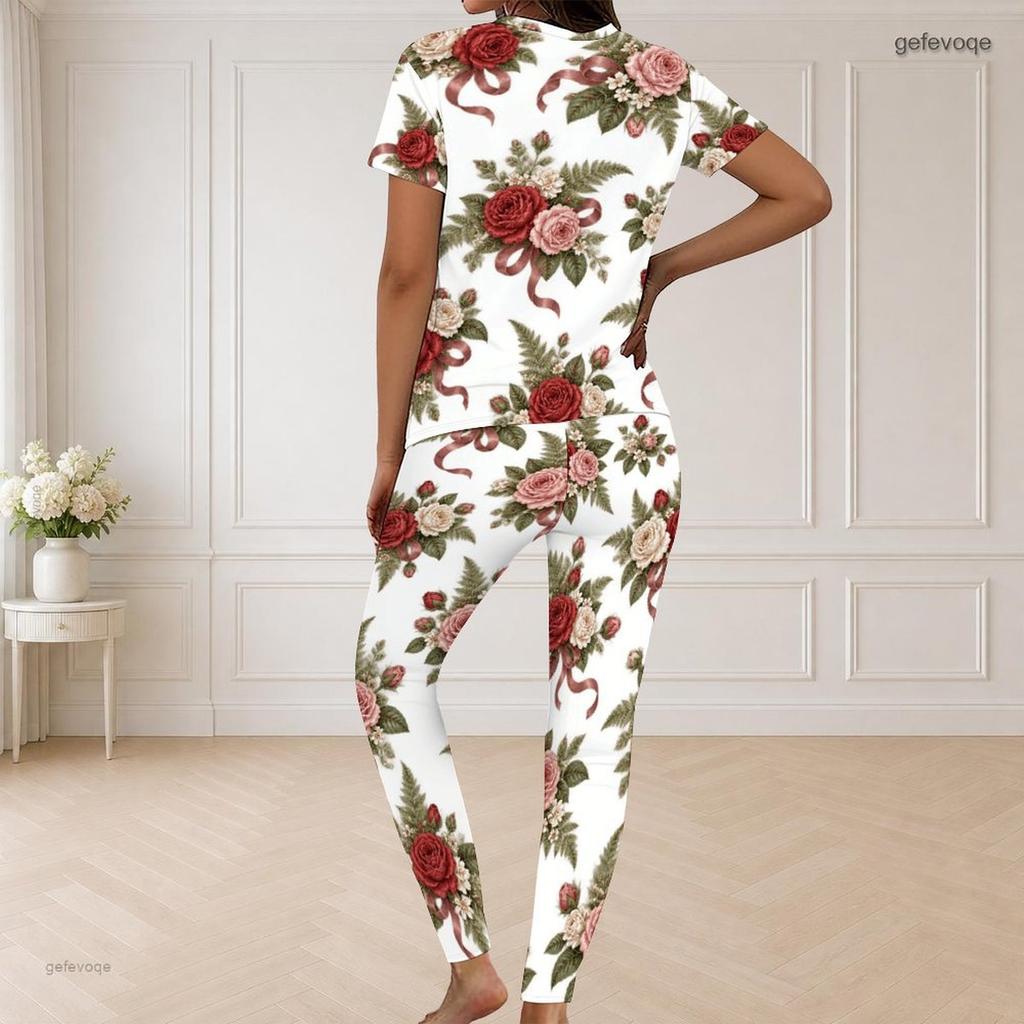Women Plus Size V Neck Short Sleeve Rose Floral Print White Pajama Loungewear Set
