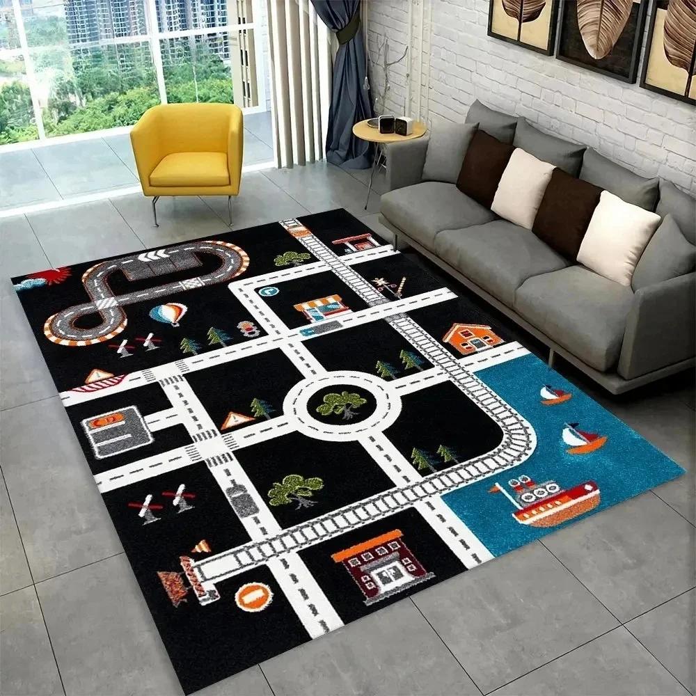 Child Playroom Floor Mat Highway City Traffic-Themed Carpet Rug for Kids Large Non-Slip Area Rug Ideal for Bedroom Home Decor