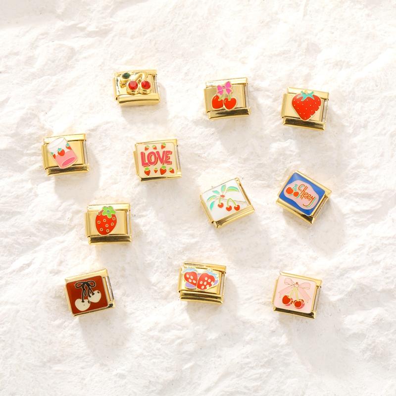 Sweet Cherry Strawberry Heart Flower Y2K Gold Color Italian Charm Links Fit 9MM Bracelet Stainless Steel Making DIY Jewelry