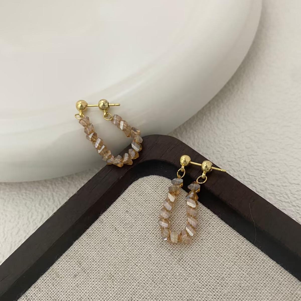 French Coffee-Tone Crystal Beaded Earrings for Women, Elegant Reversible Design, Versatile Style
