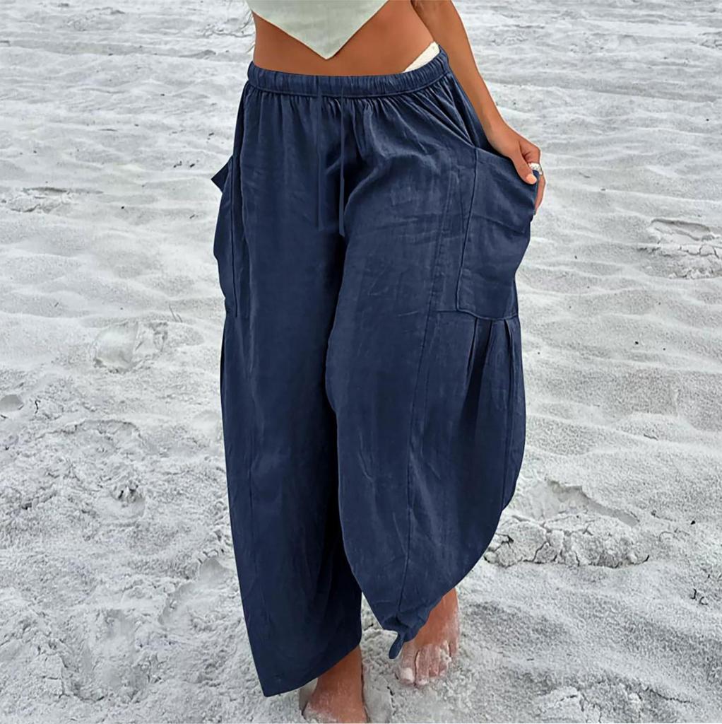 Damen Plus Size Leinenhose mit weitem Bein, mittlere Taille, Sommer-Baggy-Hose