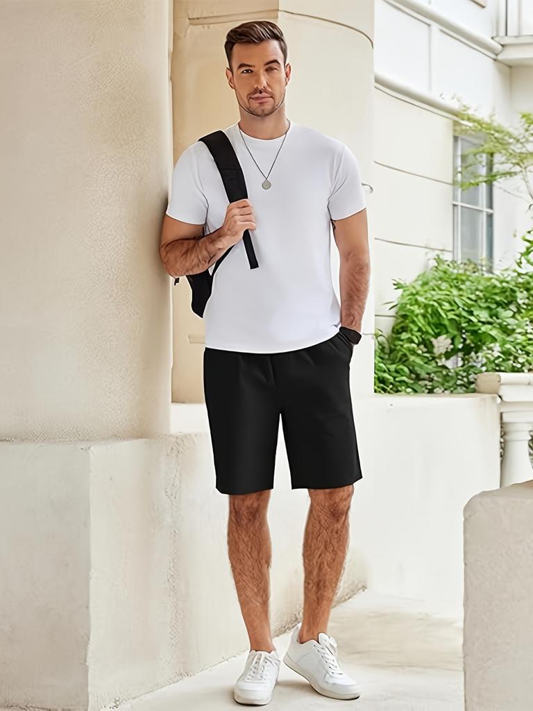 Men's Solid-color Suit Shorts with Leather Label Drawstring Casual Multi-pocket Capre Shorts
