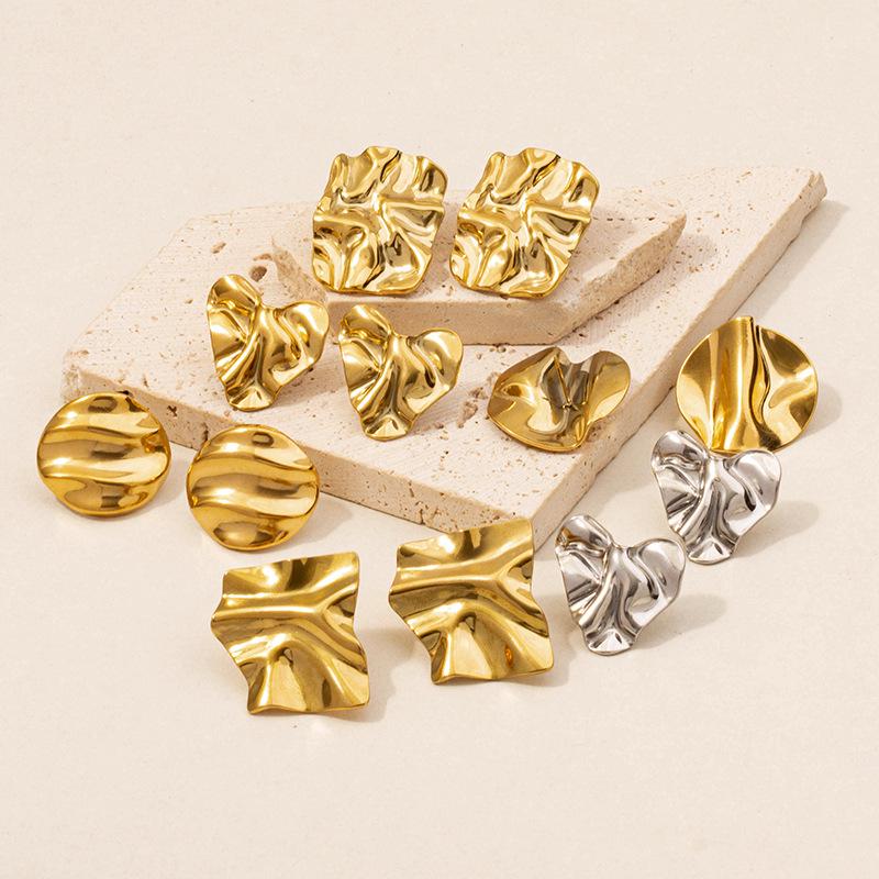 

304 Stainless Steel Heart Stud Earrings - Pleated Irregular Design, 18k Gold Plated