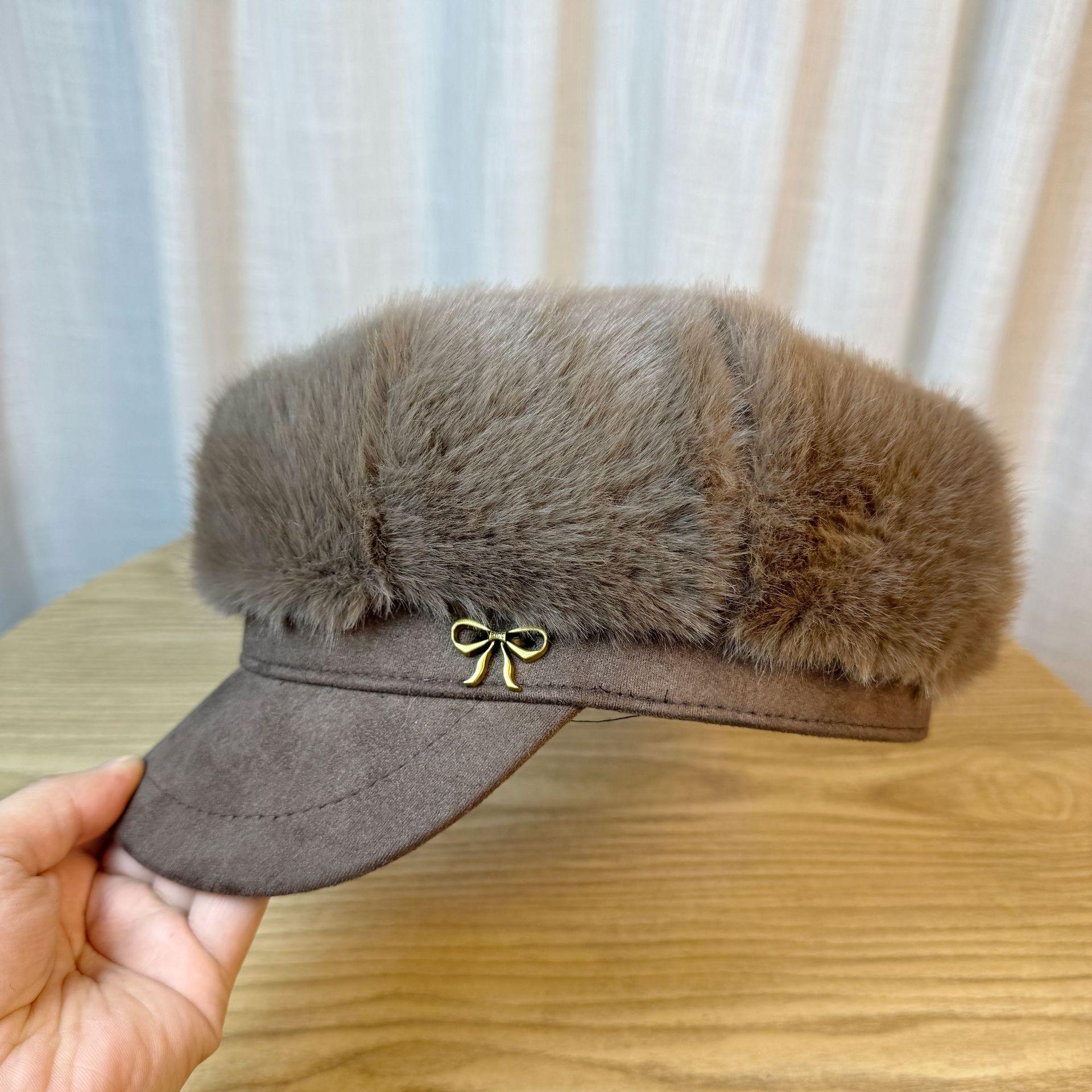 

Плюшевый женский берет с кожаным козырьком, подчеркивающий лицо, маленький, осенне-зимний, теплый, из искусственной норки, кепка газетчика, восьмиугольная шляпа, тренд one size темно-коричневого