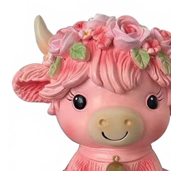 Pink Highland Cow Figurine Resin Highland Cow Statue Small Cute Cattle Sculpture for Garden Table Shelf Kitchen Home Decor