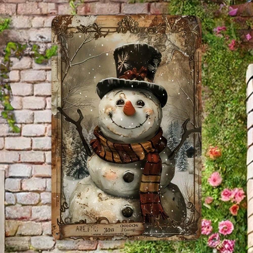 Vintage Snowman Metal Tin Sign 8x12 Inch for Christmas Indoor Outdoor Wrought Iron Wall Art Home Office Garage Decor