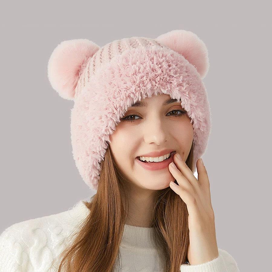 

Милая шерстяная шапка с изображением медведя, детская зимняя толстая плюшевая теплая меховая шапка, осенне-зимняя вязаная шапка с большой окружностью головы one size