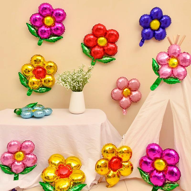 Green Leaf Sun Flower Aluminum Film Balloon Children'S Birthday Party Arrangement Five Petals Aluminum Foil Balloon