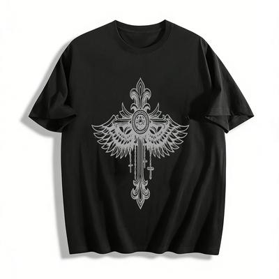 Gothic Style Vintage Cross Wing Print T-Shirt Unisex Loose Casual Top Trendy Religious Graphic Tee Pure Cotton T-shirt