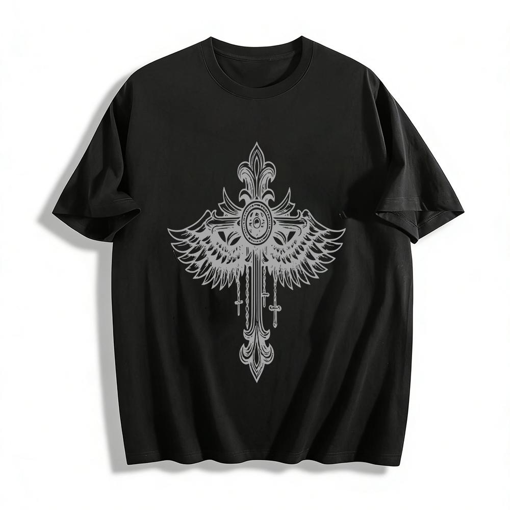 

Gothic Style Vintage Cross Wing Print T-Shirt Unisex Loose Casual Top Trendy Religious Graphic Tee Pure cotton T-shirt 6XL