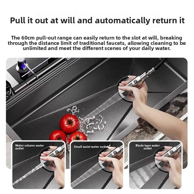 304 New Digital Display Waterfall Sink Stainless Steel Kitchen Sink With Smartphone Holder Embossed Large Single Slot Wash Basin