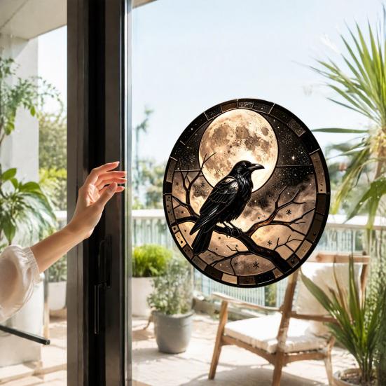 Waterproof PVC Wall Art Halloween Raven Moon Static Glass Sticker, Removable Window Decals, Vintage Dead Branch Murals Crow Cling for Home