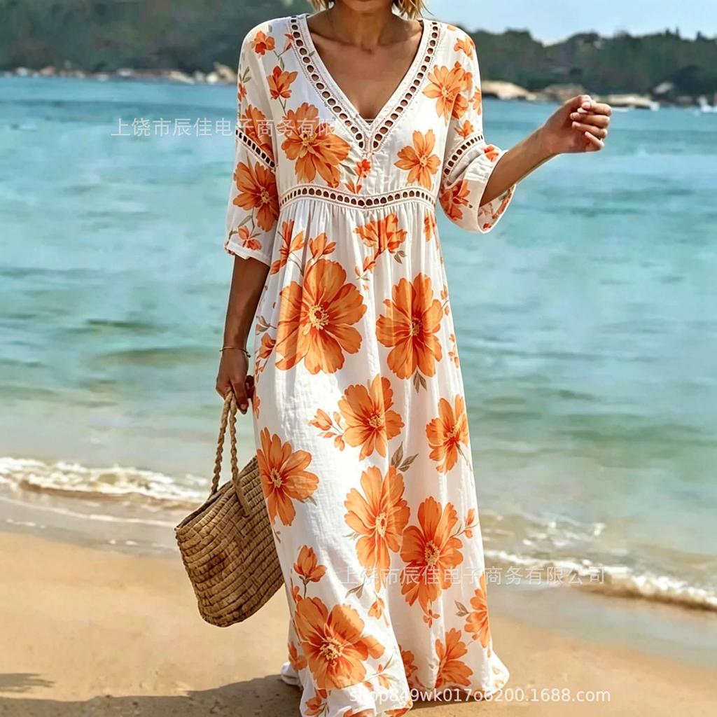 New Seaside Vacation Style V-neck Bohemian Print Loose Dress Vacation Dress
