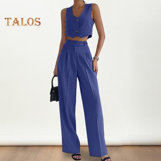Ensemble 2 Pièces Gilet Et Pantalon Pour Femme Avec Col En V, Sans Manches, Pantalon à Jambe Large, Blazer D'été Assorti En Coton Et Lin Édition Supérieure