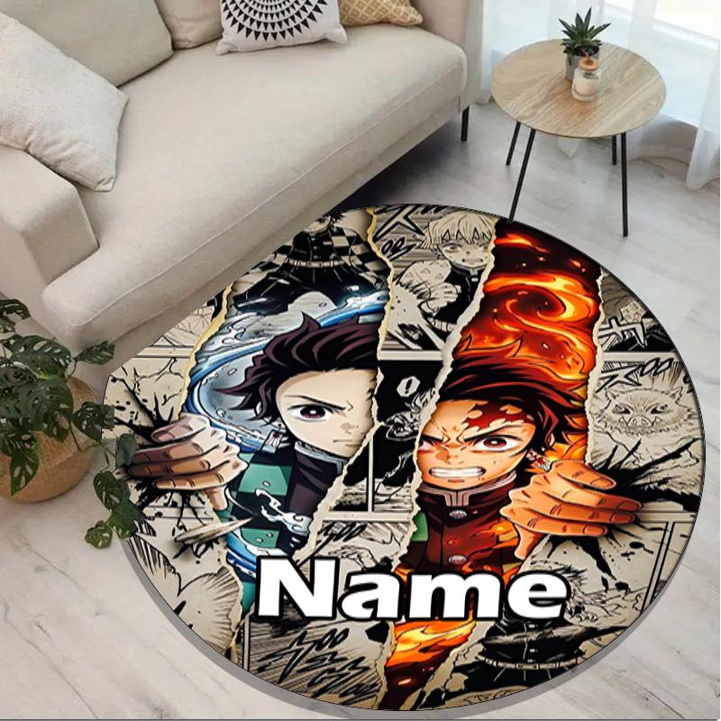 Custom Name Personalized Demon Slayer Print Round Rug, Versatile Home Decor Carpet, for Playroom, Apartment, Balcony, Entryway, Hallway Gift