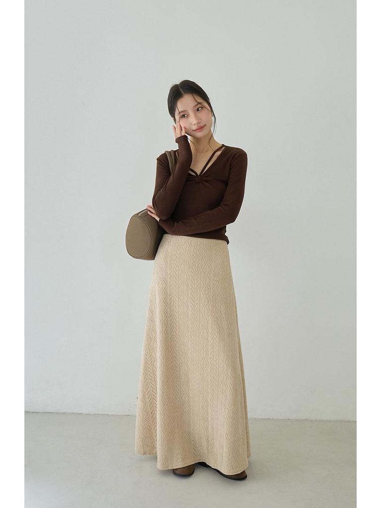 Koreanischer Stil Schwarzer texturierter High-Waist figurbetonter A-Linien-Strick-Midirock für Damen