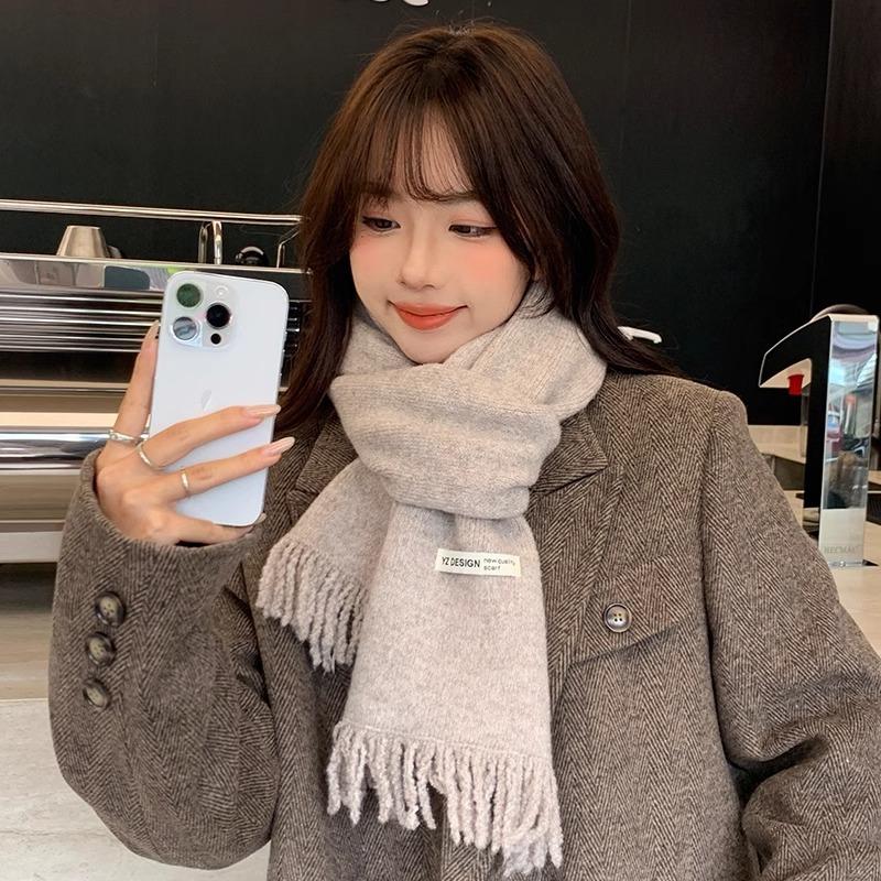 Winter new Korean version versatile solid color fringed edge dopamine long scarf winter warm and cold scarf