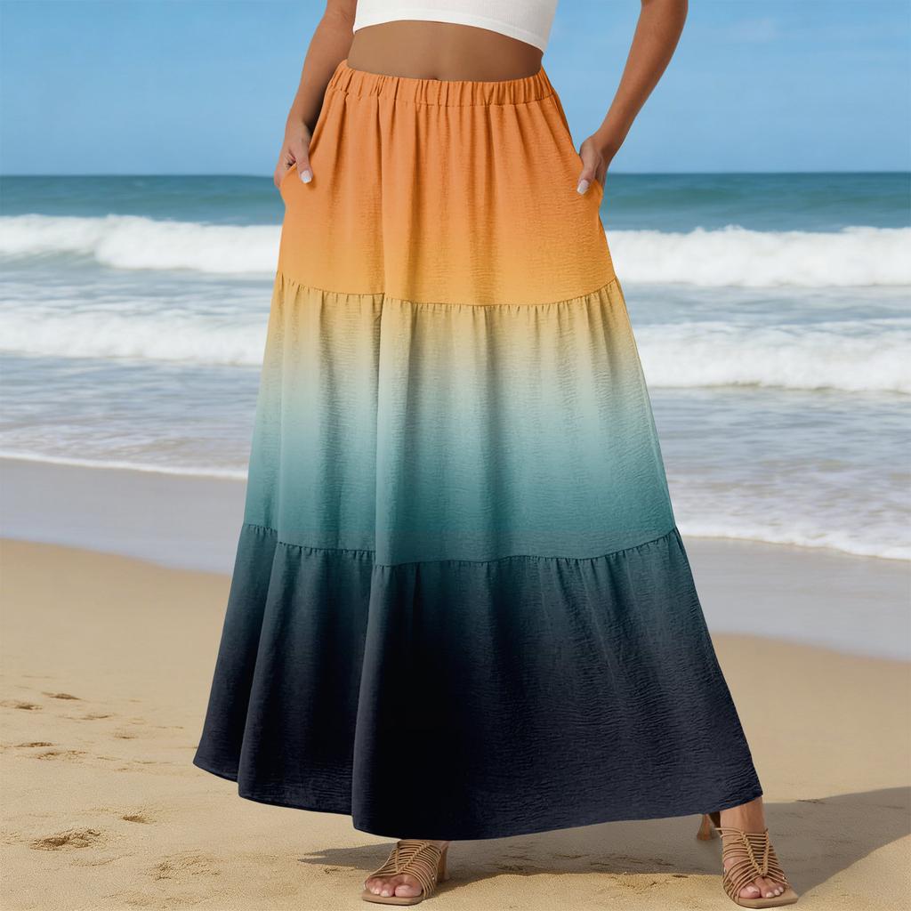 Women's Casual High Waist Drawstring A-line Skirt Color Skirt With Pockets