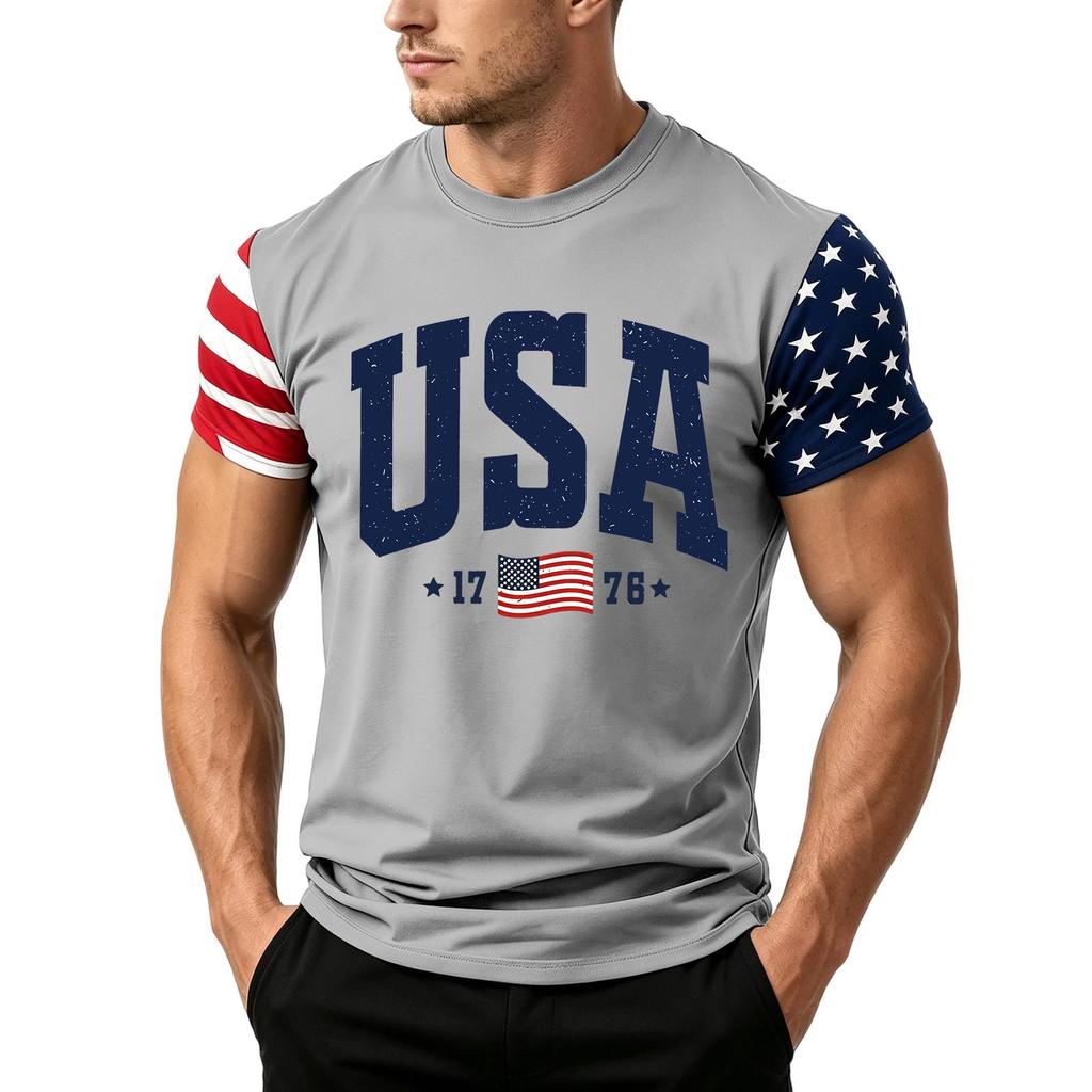 Men's Independence Day Flag Print Short Sleeve T-Shirt, Loose Casual Daily Summer Tops