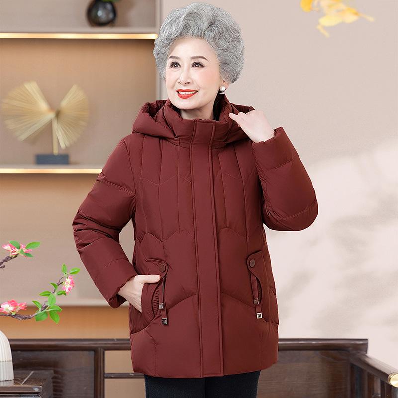 Hooded White Duck Down Jacket for Middle-Aged and Elderly Women - Short, Stylish, Thick Winter Coat for Mothers & Grandmothers