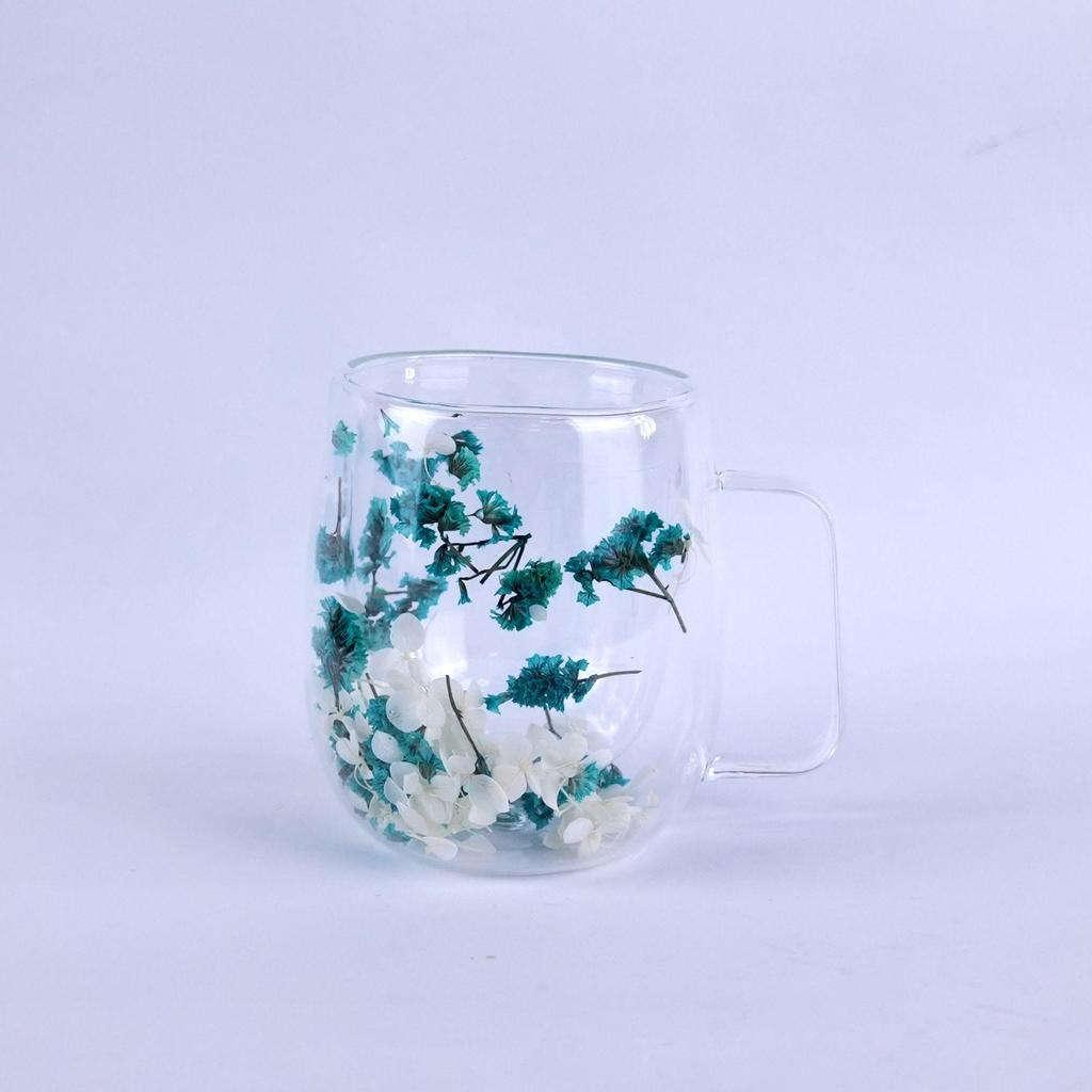 Luxury Double-Layer Glass Cup with Real Flowers and Quicksand Design