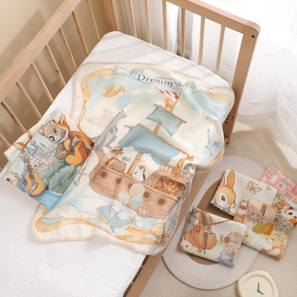 Newborn Cartoon Print Gauze Swaddle Blanket - Two-Layer Infant Wrap, Absorbent Bath Towel