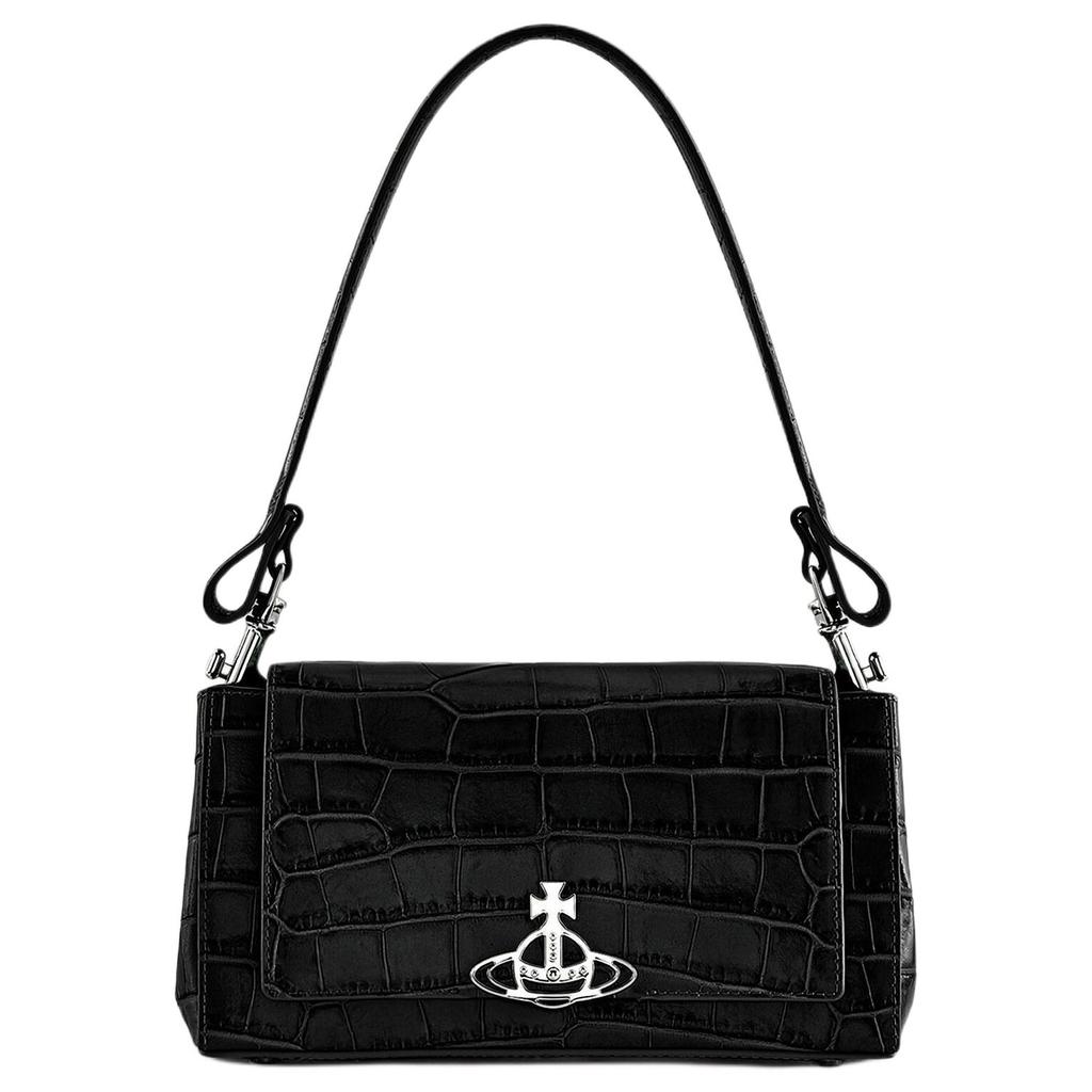 VIVIENNE WESTWOOD Hazel Magnetic Flap Crocodile Embossed Leather Underarm Bag Baguette Shoulder Tote Women Bags Black 42020005L001HN401