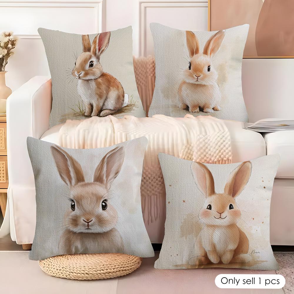 Cute Retro Bunny Cushion Cover Natural Linen Organic Fabric DoubleSided Printing Couch Pillow Covers Home Decor