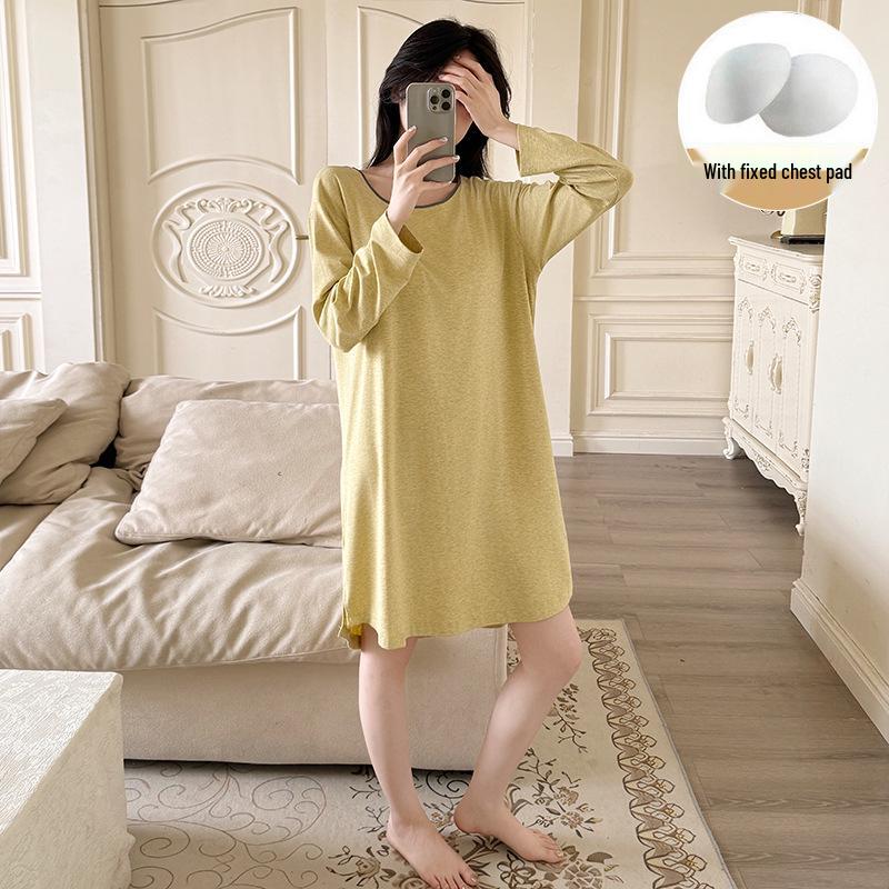 Übergröße Modal Viskose Nachthemd mit Brustpolstern für Frühling und Herbst