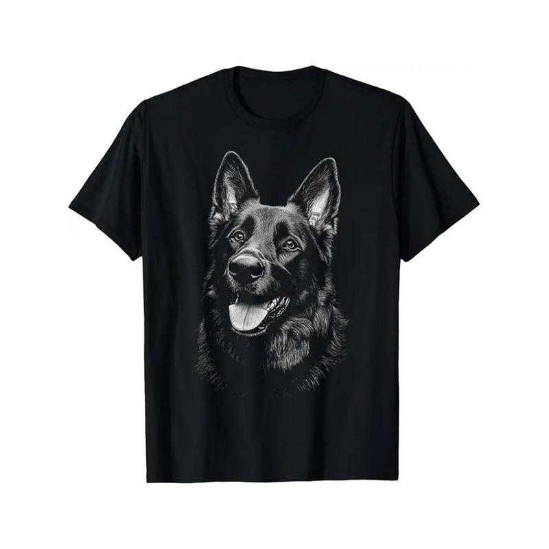unisex German Shepherd Graphic T-Shirt | Realistic Black & White Dog Face Art, Short Sleeve Round Neck Casual Tee for Dog Lovers, Durable Hot Transfer