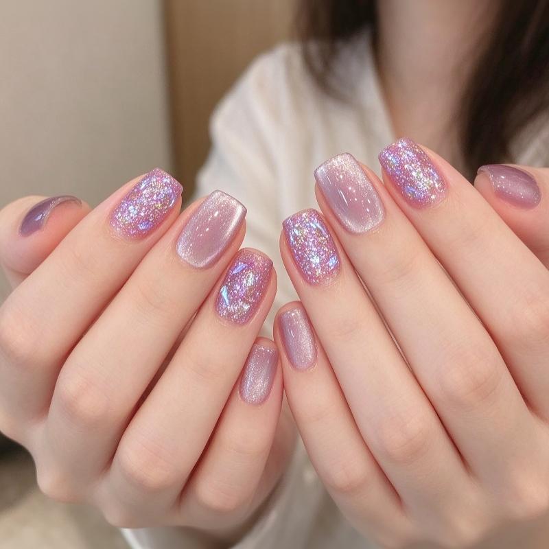 Press-On Nails Shimmery Cat Eye Short Square False Nails Kit with Free Adhesive Glue for Night Club Parties