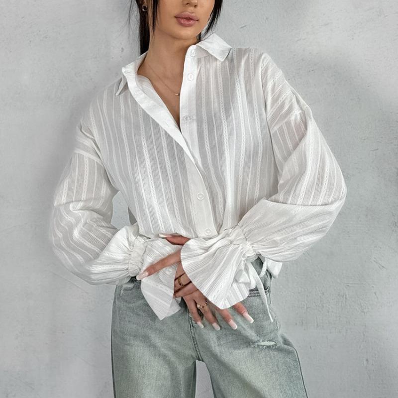 French Style Jacquard Cotton Collared Loose Flared Sleeve White Blouse For Women S белый