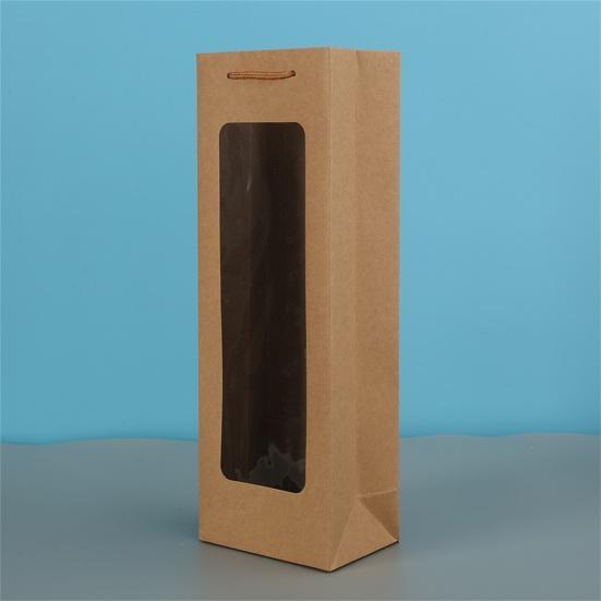 Kraft Paper Bag Decorative Oblong Shape Detachable Carry Cord Portable Pack Red Wine Contrast Color Translucent Visible Gift Bag for Champagne