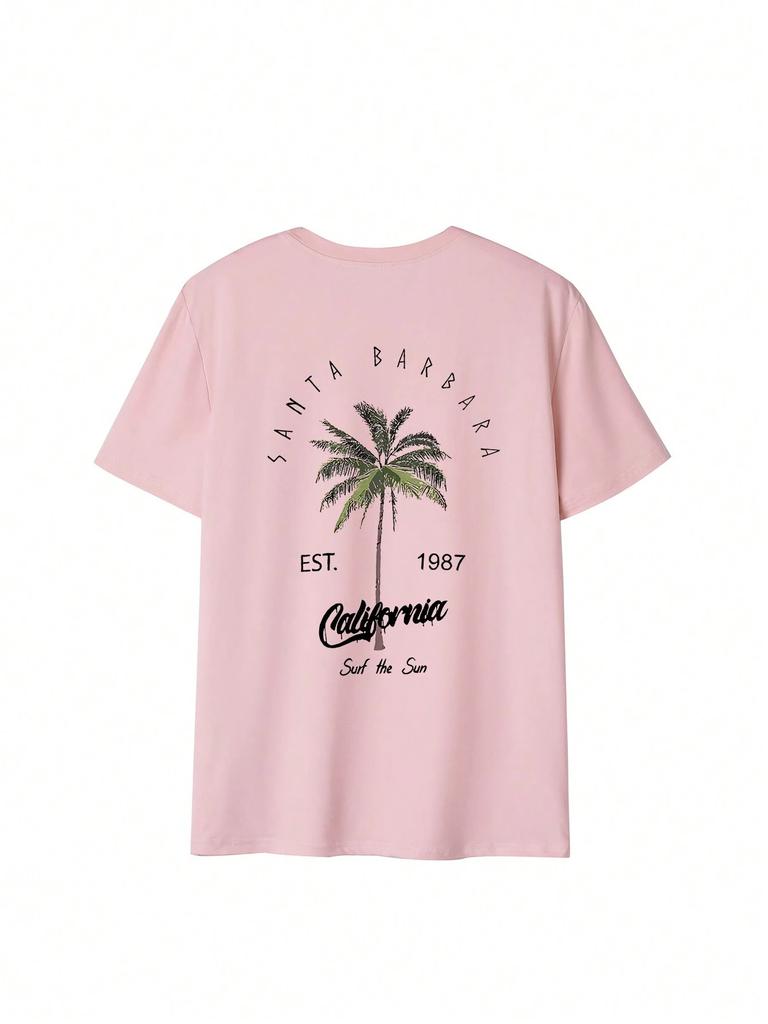 Womens Summer Casual Round Neck Palm Tree  Letter Print Vacation Style Short Sleeve TShirt Top