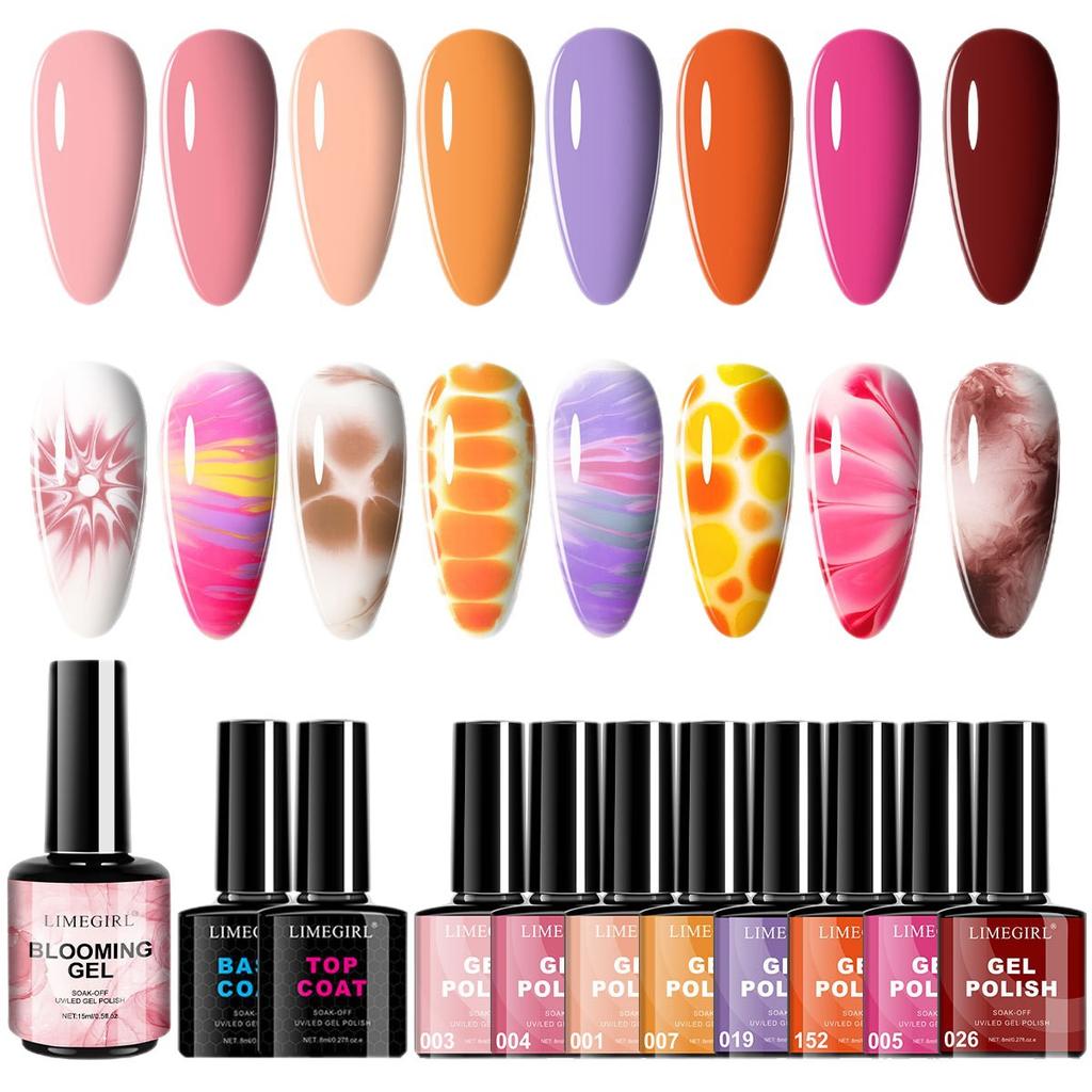 8 Color Marbling Gel Nail Polish Set, Trending Colors Soak Off Gel Nail Art Kit with No Wipe Top Coat