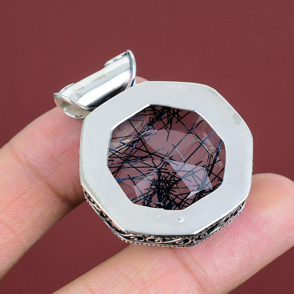 Faceted Black Rutile Pendant Vintage Gemstone Pendant 925 Sterling Silver Pendant Elegant Jewelry Handmade Brand New Pendant Gifts For Wife