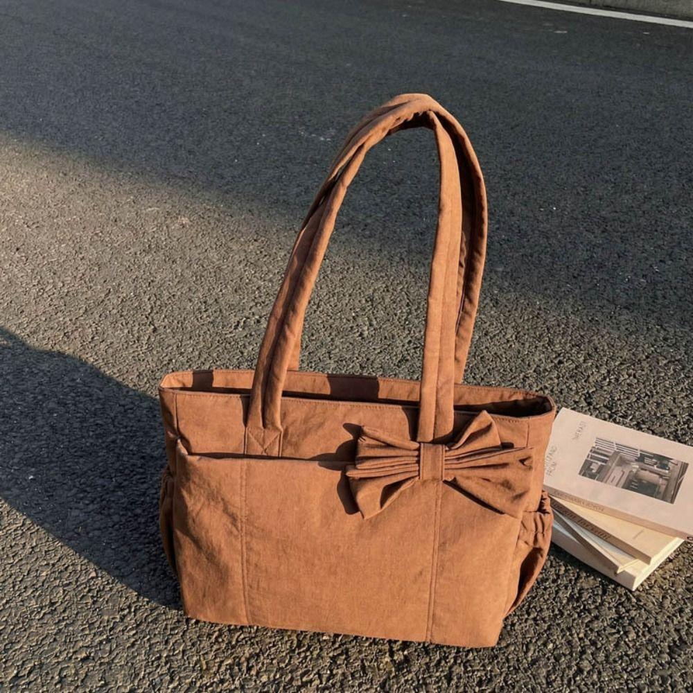 Large Capacity Cotton Padded Shoulder Bag Solid Color Nylon Handbag Bow Tote Bag  Travel Bag