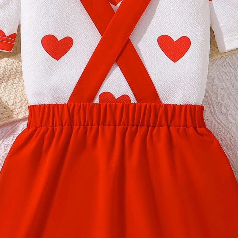 Girls' Fashion Set 2025 Summer Children's Sweet Love Short-sleeved Top with Suspenders Skirt Set