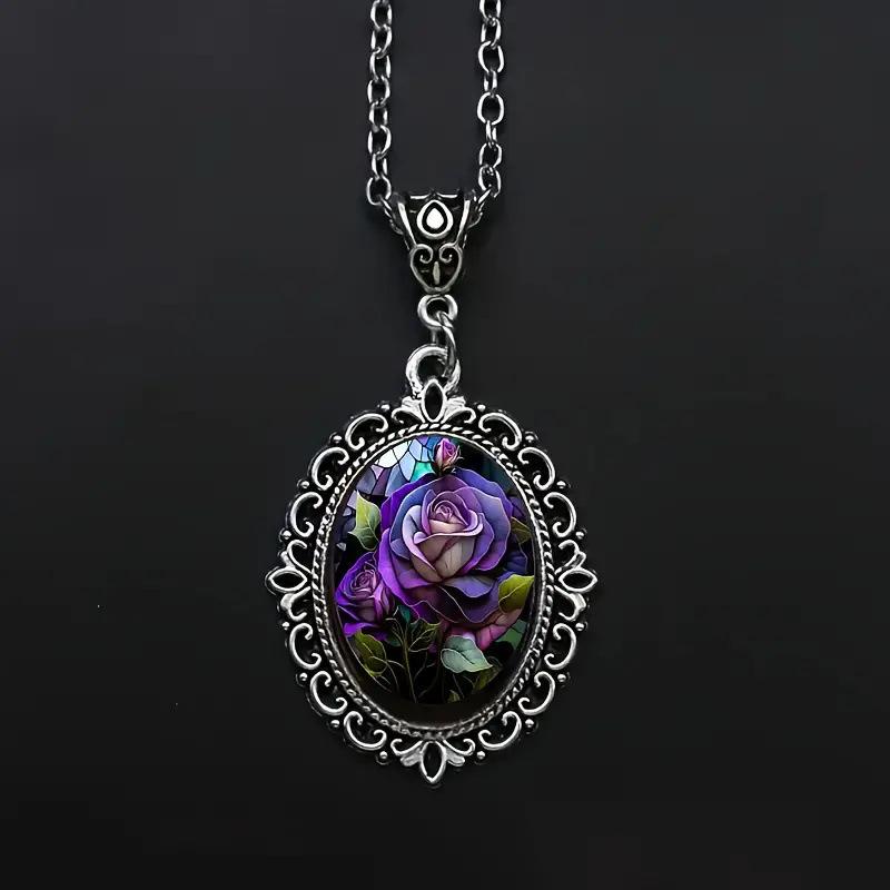Fashionable and Exquisite Purple Flower Pattern Oval Glass Pendant Necklace