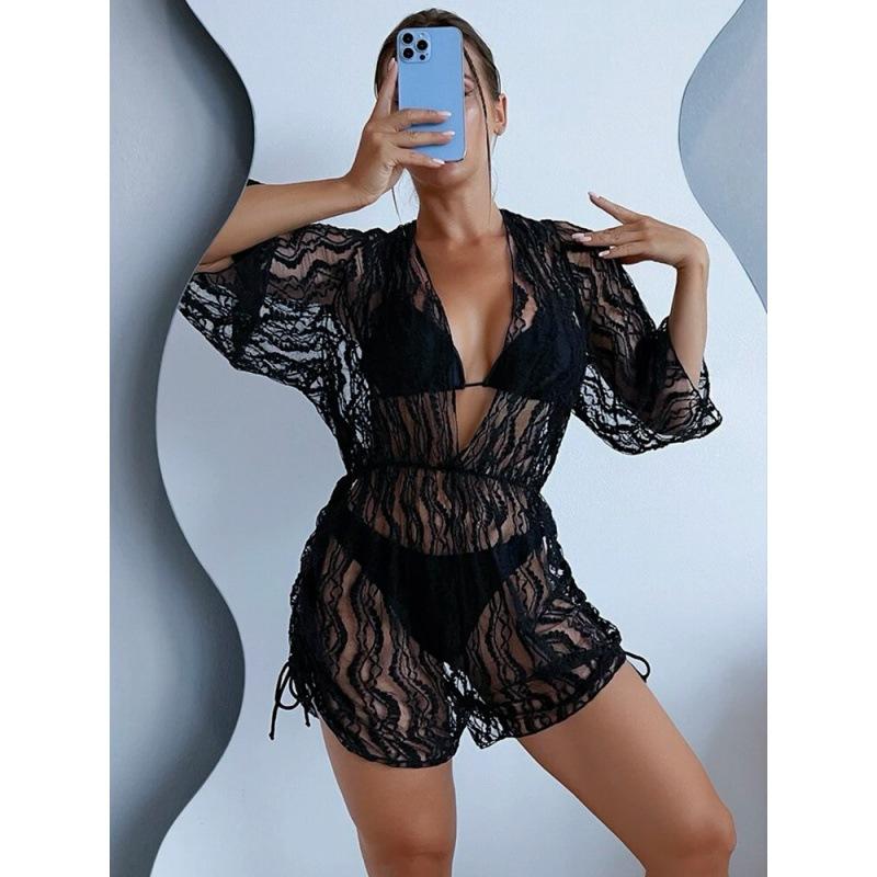 Long Sleeve Mesh Girdle One-Piece Swimsuit Women's High Waist Printed Drawstring Bikini High Waist Skinny