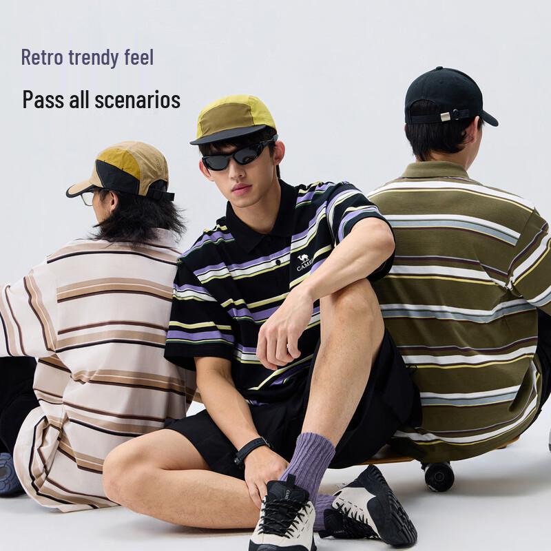 Camel Men's Retro Striped Color Block Polo T-Shirt
