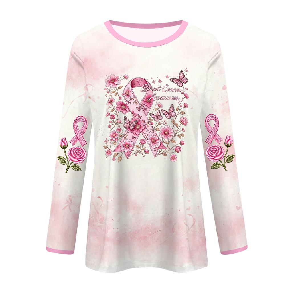 Women's Fashion Casual Long Sleeve Neck Top with Breast Ribbon Print for Support
