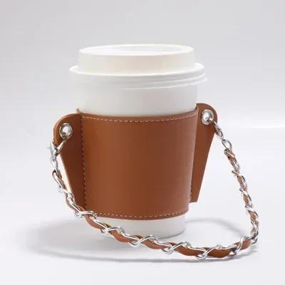 Coffee Cup Cover Chain Portable Pu Leather Drink Soda Bag Hanging Portable Heat Insulation and Ironing Cup-Cover коричневый
