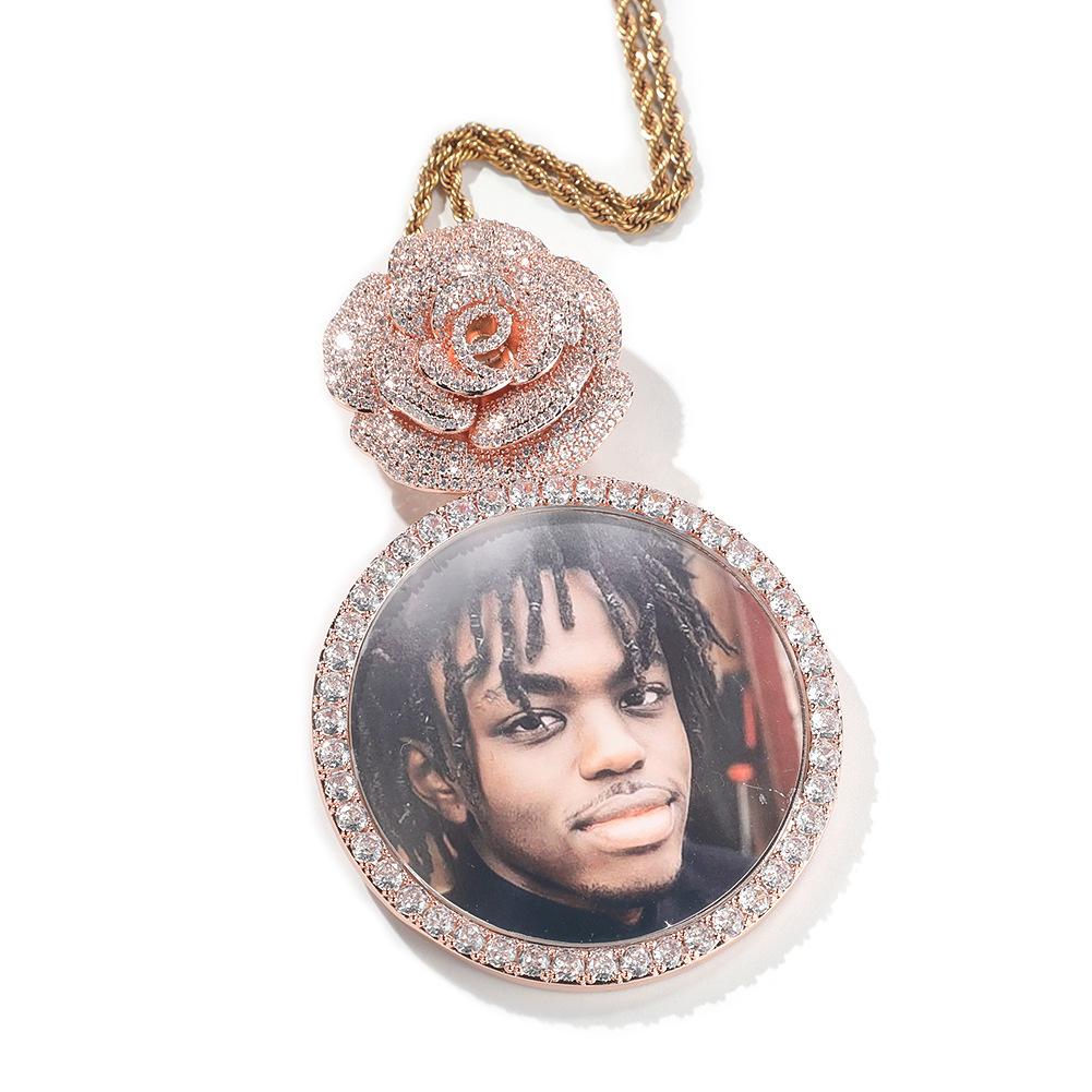 Hip Hop Náhrdelník Růžové Tlačítko Hlava Nadrozměrný Kulatý Foto Přívěsek Personalizované Nosit Doplňky Doplňky