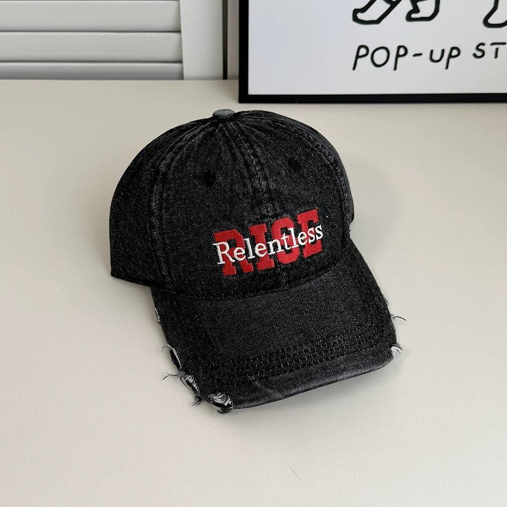 Fashion Hat American camouflage holes do old personalized denim letters RISE baseball cap men and women street tide brand couple cap