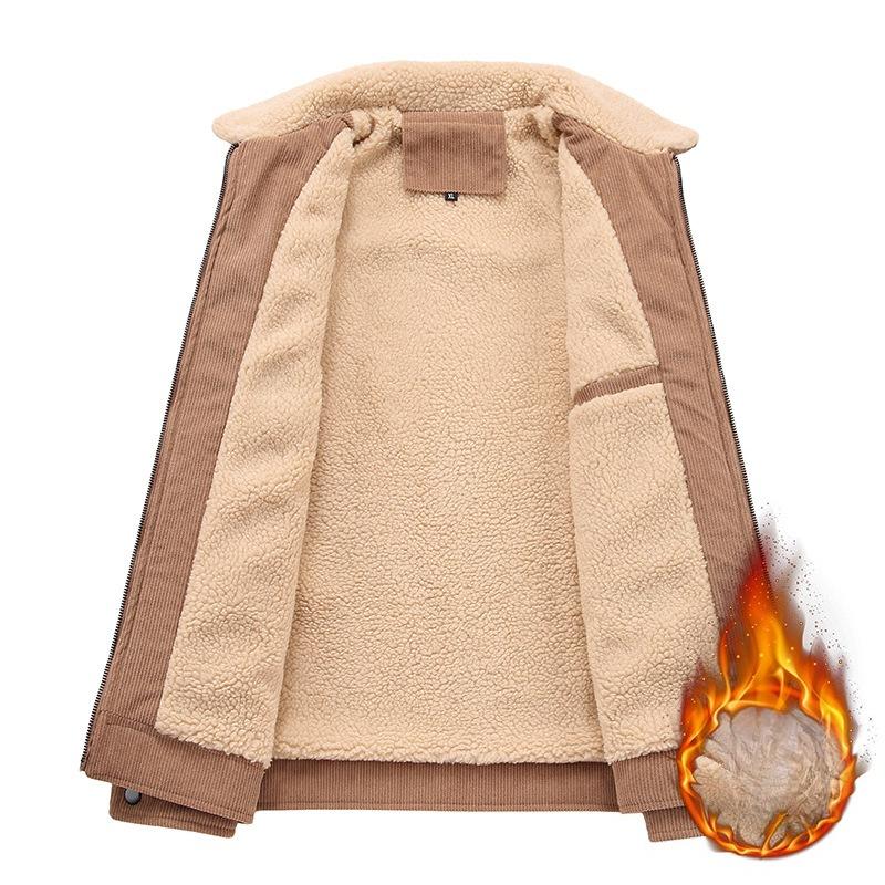 Corduroy Work Jacket for Winter Men's Plush Thickened Lamb Velvet Collar Jacket for Middle-aged and Elderly Cotton Clothing